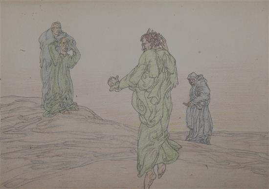 § Austin Osman Spare (1888-1956) Satyric figures and three robed figures in a landscape 7 x 9.75in. unframed